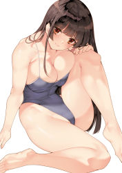 Rule 34 | 1girl, bare arms, bare shoulders, barefoot, blue one-piece swimsuit, breasts, brown eyes, brown hair, cleavage, closed mouth, collarbone, commentary request, fingernails, highleg, highleg swimsuit, knee up, large breasts, lips, long hair, looking at viewer, one-piece swimsuit, original, saburou (hgmg), school swimsuit, shiny skin, simple background, sitting, smile, sweat, sweatdrop, swimsuit, thighs