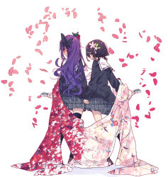 Rule 34 | 2girls, arm out of sleeve, averting eyes, black socks, black sweater, black thighhighs, blush, cherry blossoms, commentary request, ear blush, falling petals, flower, from behind, full body, grey skirt, hair flower, hair ornament, hairclip, hamayumiba sou, hanayamata, happi, highres, holding, holding hands, holding instrument, instrument, interlocked fingers, japanese clothes, kneehighs, long hair, looking at another, low twintails, miniskirt, multiple girls, naruko (instrument), neckerchief, open mouth, outline, petals, pink flower, pink outline, plaid, plaid skirt, pleated skirt, purple hair, red flower, red rose, rose, sailor collar, sasame yaya, sekiya naru, shadow, shared clothes, shared coat, short twintails, sidelocks, simple background, skirt, socks, standing, sweater, thighhighs, twintails, white background, white neckerchief, white sailor collar, zettai ryouiki