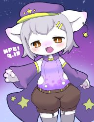 Rule 34 | 1girl, blush, bright pupils, brown eyes, cat, cowboy shot, dated, furry, furry female, grey hair, hat, highres, looking at viewer, open mouth, short hair, solo, standing, thighs, wataboshi