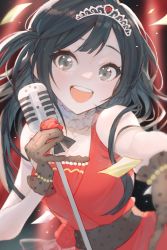 Rule 34 | 1girl, 43 pon, birthday, black hair, breasts, choker, cleavage, dress, gloves, grey eyes, highres, holding, holding microphone stand, long hair, looking at viewer, love live!, love live! nijigasaki high school idol club, medium breasts, microphone, microphone stand, one side up, polka dot gloves, red dress, sidelocks, smile, solo, tiara, upper body, yuki setsuna (love live!)
