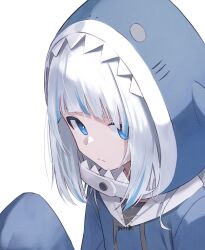 Rule 34 | 1girl, animal hood, blue eyes, blue hair, blue hoodie, closed mouth, commentary, expressionless, fish skeleton, gawr gura, gawr gura (1st costume), hand up, highres, hololive, hololive english, hood, hood up, hoodie, long hair, long sleeves, looking at viewer, medium hair, multicolored hair, shark girl, shark hood, shimizu tomoki, simple background, sleeves past wrists, solo, streaked hair, upper body, virtual youtuber, white background, white hair
