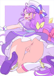 Rule 34 | 1girl, :d, ahoge, anus, ass, bow, cleft of venus, cure coral, earrings, facial mark, facial tattoo, hair bow, hat, heart, heart facial mark, heart tattoo, highres, jewelry, long hair, looking at viewer, looking back, magical girl, miyagoe yoshitsuki, open mouth, orange eyes, outstretched arms, precure, purple footwear, purple hair, pussy, red bow, smile, solo, suzumura sango, tattoo, tropical-rouge! precure, white hat, yellow bow