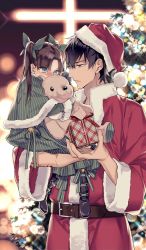 Rule 34 | 1boy, 1girl, age difference, bear, bell, belt, black hair, blue eyes, boots, brown hair, child, christmas, christmas tree, cross, fate/grand order, fate/stay night, fate/zero, fate (series), gift, holding, kotomine kirei, ribbon, santa costume, stuffed animal, stuffed toy, tears, tohsaka rin, toy, tree, twintails
