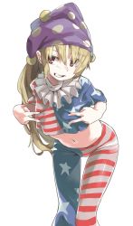 Rule 34 | 1girl, american flag dress, american flag legwear, american flag shirt, bad id, bad twitter id, bent over, blonde hair, breasts, clownpiece, collar, crop top, double v, frilled collar, frilled shirt collar, frills, grin, hands on own chest, hat, highres, jester cap, leaning forward, long hair, midriff, muchi maro, naughty face, navel, neck ruff, pantyhose, polka dot, red eyes, simple background, small breasts, smile, solo, thigh gap, touhou, v, white background