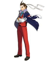 Rule 34 | 1boy, absurdres, ace attorney, antenna hair, apollo justice, bandage over one eye, bandages, blue necktie, bracelet, brown eyes, brown hair, capcom, eyebrows, formal, frown, full body, fuse takuro, highres, jacket, jacket on shoulders, jewelry, long sleeves, male focus, necktie, official art, pants, phoenix wright: ace attorney - dual destinies, red pants, serious, sleeves rolled up, solo, spiked hair, star (symbol), suit, thick eyebrows, transparent background, vest, wind
