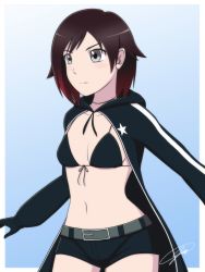 Rule 34 | 1girl, belt, bikini, bikini top only, black gloves, black rock shooter, black rock shooter (character), black rock shooter (cosplay), blush, breasts, cloak, coat, cosplay, front-tie top, gloves, grey eyes, highres, hood, hooded jacket, jacket, midriff, red hair, ruby rose, rwby, short hair, short shorts, shorts, simple background, small breasts, solo, standing, swimsuit
