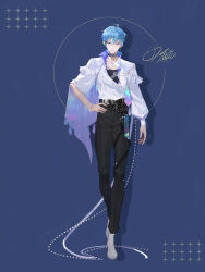 Rule 34 | 1boy, absurdres, ahoge, aiguillette, alternate costume, arm at side, asymmetrical clothes, asymmetrical jacket, asymmetrical sleeves, belt, black belt, black choker, black pants, black tank top, blue background, blue eyes, blue hair, blue theme, bracelet, buttons, capelet, character name, chest belt, choker, circle, colorful, commentary, dangle earrings, double-breasted, earrings, fashion, fingernails, flower bracelet, frilled jacket, frills, full body, garter straps, glint, glitter, grey belt, grey footwear, hair between eyes, hand on own hip, high collar, highres, iridescent, jacket, jewelry, jie xiaoming, kaito (vocaloid), legs together, light smile, long sleeves, looking at viewer, loose belt, male focus, multicolored hair, pants, parted bangs, parted lips, pectoral cleavage, pectorals, puffy long sleeves, puffy sleeves, shadow, shoes, simple background, single earring, sparkle, sparkle background, standing, studded belt, tank top, tassel, thigh belt, thigh strap, torn clothes, torn tank top, tsurime, two-sided capelet, two-sided fabric, two-sided jacket, vocaloid, white capelet, white jacket