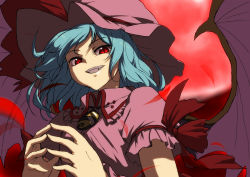 Rule 34 | 1girl, arm ribbon, bat wings, blue hair, brooch, dress, fangs, female focus, fingers together, grin, hat, hat ribbon, hiseki (tknkkm), jewelry, looking at viewer, pink dress, puffy sleeves, red eyes, remilia scarlet, ribbon, short sleeves, slit pupils, smile, solo, touhou, upper body, vampire, wings