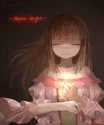 Rule 34 | 1girl, bad id, bad pixiv id, bare shoulders, brown hair, deemo, dress, closed eyes, girl (deemo), glowing, highres, nail polish, reflection (mirror night) (deemo), solo, song name, wide sleeves