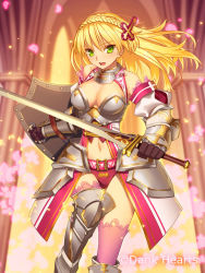 Rule 34 | 1girl, :d, armor, ascalon (weapon girls), bare shoulders, blonde hair, braid, breasts, cleavage, cleavage cutout, clothing cutout, cross, detached sleeves, faulds, french braid, gauntlets, greaves, green eyes, hair ornament, lace, lace-trimmed legwear, lace trim, leg up, long hair, navel, open mouth, original, pink thighhighs, smile, solo, sword, thighhighs, weapon, weapon girls, yangsion
