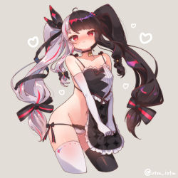 Rule 34 | 1girl, absurdres, ahoge, apron, artist name, black apron, black bow, black garter belt, black ribbon, black thighhighs, blush, bow, closed mouth, collarbone, commentary request, cropped legs, frilled apron, frills, garter belt, gloves, grey background, hair bobbles, hair bow, hair ornament, hair ribbon, heart, heart-shaped lock, highres, long hair, looking at viewer, multicolored hair, nijisanji, nose blush, own hands together, panties, red eyes, red hair, ribbon, side-tie panties, silver hair, simple background, smile, solo, split-color hair, streaked hair, striped ribbon, thighhighs, twintails, underwear, utm iota, very long hair, virtual youtuber, white gloves, white panties, white thighhighs, yorumi rena
