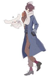 Rule 34 | 1boy, 1other, ahoge, baguette, blue jacket, bread, brown hair, brown pants, carrying bag, cinnamoroll, coat, dress shoes, food, from side, full body, granblue fantasy, hair between eyes, hand in pocket, highres, jacket, layered sleeves, male focus, messy hair, musical note, official alternate costume, onigiri bouya, pants, profile, rabbit, red eyes, red socks, sandalphon (granblue fantasy), sanrio, scarf, smile, socks, striped clothes, trench coat, white background, white scarf