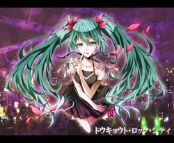 Rule 34 | 1girl, aqua eyes, aqua hair, bad id, bad pixiv id, dress, hatsune miku, highres, letterboxed, long hair, nou (nounknown), petals, solo, tokyo-to rock city (vocaloid), twintails, very long hair, vocaloid