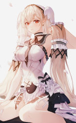 Rule 34 | 1girl, absurdly long hair, absurdres, arahe, azur lane, black sailor collar, bow, dress bow, breasts, clothing cutout, dress, dress bow, dress flower, feather dress, flower, formidable (azur lane), formidable (timeless classics) (azur lane), highres, large breasts, long hair, looking at viewer, navel cutout, official alternate costume, platinum blonde hair, red eyes, sailor collar, simple background, sitting, sleeveless, sleeveless dress, twintails, two-tone dress, veil, very long hair, wariza, white background, white dress, white flower
