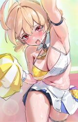 Rule 34 | 1girl, absurdres, ahoge, arm up, armpits, blonde hair, blue archive, blush, breasts, cheerleader, chochomi, cleavage, crop top, hair between eyes, halo, highres, kotori (blue archive), kotori (cheer squad) (blue archive), looking at viewer, low twintails, medium breasts, muffin top, navel, open mouth, pleated skirt, pom pom (cheerleading), red eyes, short twintails, shorts, shorts under skirt, skirt, solo, sweat, tears, thigh strap, twintails