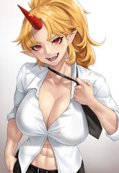 Rule 34 | 1girl, :d, abs, absurdres, alternate costume, black necktie, blonde hair, breasts, cleavage, commentary request, fangs, gradient background, grey background, head tilt, highres, horns, hoshiguma yuugi, large breasts, long hair, looking at viewer, navel, necktie, open mouth, ponytail, red eyes, shirt, single horn, smile, solo, stmoon, touhou, upper body, white background, white shirt