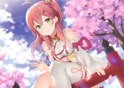 Rule 34 | ahoge, bare shoulders, bell, blue sky, cherry blossoms, closed mouth, cloud, detached sleeves, green eyes, hair bell, hair between eyes, hair ornament, hairclip, hatsuki kaname, highres, hololive, long hair, looking at viewer, outdoors, petals, pink hair, sakura miko, sakura miko (1st costume), single thighhigh, sitting, sky, smile, solo, thighhighs, tree, virtual youtuber, white thighhighs