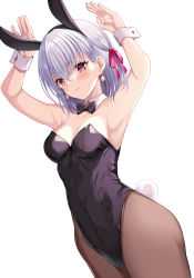 Rule 34 | 1girl, alternate costume, animal ears, black bow, black bowtie, black leotard, black pantyhose, bow, bowtie, breasts, cowboy shot, detached collar, earrings, fake animal ears, fate/grand order, fate (series), hair ribbon, harimoji, jewelry, kama (fate), leotard, pantyhose, playboy bunny, rabbit ears, rabbit pose, rabbit tail, red eyes, red ribbon, ribbon, short hair, silver hair, simple background, small breasts, solo, strapless, strapless leotard, tail, white background, wrist cuffs