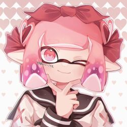 Rule 34 | 1girl, bow, gradient hair, hair ornament, hand on own chin, heart, heart hair ornament, inkling, inkling girl, inkling player character, looking at viewer, multicolored hair, nintendo, one eye closed, pink background, pink eyes, pink hair, pointy ears, red bow, school uniform, serafuku, short hair, smile, solo, splatoon (series), two-tone background, upper body, white background, yn uo0