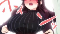 1girl animated anime_screenshot black_jacket black_sweater blunt_bangs blush bouncing_breasts bra_visible_through_clothes breasts bursting_breasts embarrassed grabbing_own_breast hair_over_eyes highres huge_breasts jacket kakure_meme kimi_no_koto_ga_dai_dai_dai_dai_daisuki_na_100-nin_no_kanojo long_hair mole mole_under_mouth open_clothes open_jacket sound sweater tagme turtleneck turtleneck_sweater video wardrobe_malfunction