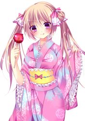 Rule 34 | 1girl, :q, ai 1003, beads, blonde hair, blush, breasts, candy apple, female focus, floral print, food, frilled sleeves, frills, hair ornament, hair ribbon, highres, holding, japanese clothes, kimono, large breasts, long hair, looking at viewer, original, pink eyes, pink kimono, ribbon, simple background, solo, sweets, tongue, tongue out, twintails, yukata