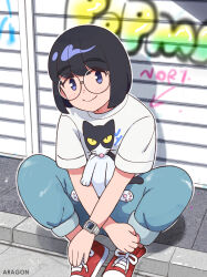 Rule 34 | 1girl, absurdres, animal, aragon honnin, black hair, blush, cat, closed mouth, denim, glasses, highres, holding, holding animal, jeans, looking at viewer, original, outdoors, pants, red footwear, round eyewear, shirt, shoes, short hair, short sleeves, sitting, smile, sneakers, solo, watch, white shirt, wristwatch
