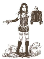 Rule 34 | 1girl, black hair, boots, claws, coat, gloves, goth fashion, laura kinney, long hair, marvel, shirt, thighhighs, x-23
