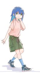 Rule 34 | 1girl, aqua hair, blue hair, blue socks, colored inner hair, commentary, drawstring, full body, green eyes, green shorts, hair between eyes, hand up, hands in hair, highres, long hair, looking at viewer, multicolored hair, onii-chan wa oshimai!, pink shirt, shirt, shoes, short sleeves, shorts, simple background, smile, sneakers, socks, solo, tenkawa nayuta, two-tone hair, white background, yituonongtang