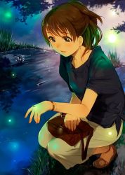 Rule 34 | 1girl, bag, blush, brown hair, bug, earrings, fireflies, firefly, grass, half updo, handbag, insect, jewelry, long skirt, mikazuki akira!, nature, necklace, open mouth, original, ponytail, shirt, shoes, skirt, smile, solo, squatting, tied shirt, watch, water, white skirt, wristwatch