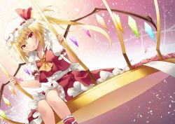Rule 34 | 1girl, :o, ankle cuffs, ascot, asymmetrical hair, backlighting, bad id, bad pixiv id, birdcage, blonde hair, blush, bow, cage, center frills, collar, crystal, demon wings, dutch angle, eyebrows, flandre scarlet, frilled collar, frilled cuffs, frilled skirt, frills, hat, hat ribbon, head tilt, long hair, looking at viewer, mob cap, parted lips, petals, puffy short sleeves, puffy sleeves, red bow, red eyes, red ribbon, red skirt, red vest, ribbon, ribbon-trimmed headwear, ribbon trim, shirt, shiyun, short sleeves, side ponytail, sitting, skirt, solo, touhou, tsurime, vest, white hat, white shirt, wings