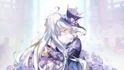 Rule 34 | 2girls, absurdres, cocoballking, cowlick, crying, dress, furina (genshin impact), genshin impact, hat, highres, long dress, long hair, long sleeves, multicolored hair, multiple girls, tears, top hat, white background, white dress, white hair