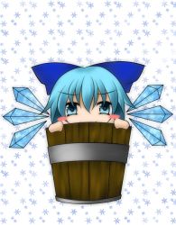 Rule 34 | 1girl, bad id, bad pixiv id, blue eyes, blue hair, bow, bucket, cirno, female focus, hair bow, in bucket, in container, matching hair/eyes, nue (artist), short hair, snowflakes, solo, tora tsugumi (nue1114), touhou, wings