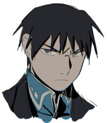 Rule 34 | 1boy, amestris military uniform, black coat, black hair, black outline, blue jacket, chromatic aberration, close-up, closed mouth, coat, collared jacket, cropped shoulders, doya, facing viewer, frown, fullmetal alchemist, grey eyes, highres, jacket, looking afar, looking to the side, male focus, muted color, outline, portrait, roy mustang, serious, simple background, spiked hair, tsurime, white background