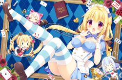 Rule 34 | 0 0, 4girls, :&lt;, :3, :d, :o, = =, ace (playing card), ace of clubs, ace of hearts, alice (alice in wonderland), alice in wonderland, animal ears, animal hat, aoi yun, apron, argyle, argyle background, argyle clothes, black bow, blonde hair, blue background, blue bow, blue hair, blue shirt, blue skirt, blush, book, bow, breasts, brown footwear, card, cat ears, cat hat, checkerboard cookie, cheshire cat (alice in wonderland), chibi, closed eyes, closed mouth, club (shape), commentary request, cookie, diamond (shape), dress, eat me, fingernails, flower, food, frilled shirt, frills, green eyes, hair between eyes, hair bow, hair ribbon, hand to own mouth, hat, heart, heart print, holding, holding staff, long hair, looking at viewer, low twintails, maid headdress, medium breasts, multiple girls, open mouth, original, outstretched arms, parted lips, personification, playing card, pocket watch, pretzel, print dress, puffy sleeves, queen of hearts (alice in wonderland), rabbit ears, rabbit girl, rabbit tail, red eyes, ribbon, ringlets, rose, running, shirt, shoes, sidelocks, skirt, smile, spade (shape), staff, striped bow, striped clothes, striped legwear, striped thighhighs, tail, teardrop, thighhighs, triangle mouth, twintails, underbust, very long hair, waist apron, watch, white apron, white dress, white hair, white rabbit (alice in wonderland), white ribbon