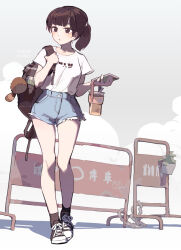Rule 34 | 1girl, backpack, bag, blue shorts, breasts, brown bag, brown eyes, brown footwear, brown hair, cup, denim, denim shorts, full body, highres, holding, holding cup, holding phone, long hair, looking to the side, medium breasts, original, phone, plant, ponytail, print shirt, shirt, shoes, short shorts, short sleeves, shorts, shoulder bag, sneakers, solo, t-shirt, tennohi, walking, white shirt