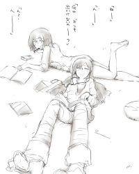 Rule 34 | 2girls, alternate hairstyle, amami haruka, book, digital media player, earbuds, earphones, food, greyscale, head on ass, highres, idolmaster, idolmaster (classic), ipod, kent mame, kisaragi chihaya, long hair, lying, monochrome, multiple girls, on back, on stomach, open book, pocky, reading, short hair, sketch, translation request