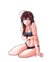 Rule 34 | 1girl, adapted costume, ahoge, arm support, bikini, black bikini, blue eyes, braid, breasts, brown hair, front-tie top, hair flaps, hair ornament, hair over shoulder, highres, kantai collection, looking at viewer, medium breasts, navel, shigure (kancolle), shigure kai ni (kancolle), simple background, single braid, solo, sozan, swimsuit, transparent background, white background