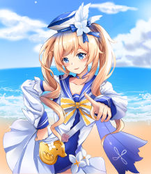 Rule 34 | 1girl, bag, barbara (genshin impact), barbara (summertime sparkle) (genshin impact), beach, blonde hair, blue eyes, blue one-piece swimsuit, blue sky, blurry, chao ciyuan hai meng xing, choker, cloud, cloudy sky, collarbone, commentary request, depth of field, detached sleeves, duck print, flower, genshin impact, hair between eyes, hand on own hip, handbag, hat, hat flower, hat ornament, hat ribbon, highres, horizon, leaning forward, long hair, long sleeves, looking at viewer, ocean, official alternate costume, one-piece swimsuit, pointing, pointing at viewer, ribbon, sailor collar, sidelocks, sky, smile, solo, swimsuit, twintails