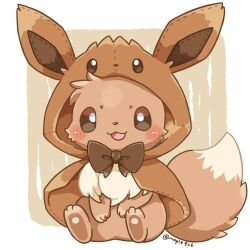 Rule 34 | :3, artist name, blush stickers, bow, brown bow, brown eyes, capelet, closed eyes, clothed pokemon, cosplay, creatures (company), eevee, eevee (cosplay), full body, game freak, gen 1 pokemon, hand on own stomach, highres, hood, hooded capelet, kana (maple926), nintendo, open mouth, pokemon, pokemon (creature), sitting, smile, solo, twitter username