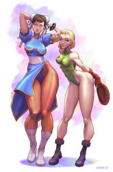 Rule 34 | 2girls, ahoge, arms up, artist name, bare shoulders, beret, blonde hair, blue eyes, boots, bracelet, breasts, bun cover, cammy white, capcom, china dress, chinese clothes, chun-li, commentary request, covered collarbone, covered navel, cross-laced footwear, double bun, dress, earrings, facial scar, fingerless gloves, full body, gloves, gold trim, green leotard, hair bun, hat, highleg, highleg leotard, highres, holding, holding clothes, holding hat, jewelry, jiggeh, knee boots, lace-up boots, leotard, leotard under clothes, light smile, lips, looking at viewer, medium breasts, multiple girls, pantyhose, pelvic curtain, puffy short sleeves, puffy sleeves, scar, scar on cheek, scar on face, shiny clothes, short sleeves, signature, simple background, sleeveless, spiked bracelet, spikes, street fighter, street fighter ii (series), thighs, turtleneck, unworn hat, unworn headwear