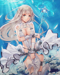 Rule 34 | 1girl, aqua eyes, bare shoulders, bracelet, breast hold, breasts, circlet, cleavage, covering privates, covering crotch, feathers, female focus, groin, jewelry, large breasts, long hair, looking at viewer, mana (remana), official art, original, revealing clothes, silver hair, skindentation, smile, solo, staff, thigh strap, thighhighs, unmei no clan battle, white thighhighs
