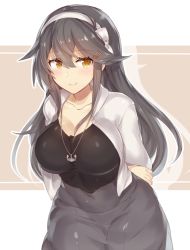 Rule 34 | 1girl, alternate costume, arms behind back, bad id, bad pixiv id, black hair, black shirt, blush, breasts, casual, cleavage, collarbone, contemporary, grey skirt, hair between eyes, hairband, haruna (kancolle), headgear, jacket, jewelry, kantai collection, large breasts, long hair, long sleeves, pendant, pokoten (pokoten718), shirt, skirt, skirt set, smile, solo, white jacket, yellow eyes