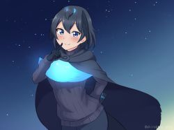 Rule 34 | 1girl, absurdres, arm behind back, black cape, black hair, black sweater, blue eyes, cape, cowboy shot, finger to mouth, hair between eyes, highres, index finger raised, kemono friends, long sleeves, looking at viewer, ribbed sweater, shiraha maru, short hair, sky, smile, solo, star (sky), starry sky, superb bird-of-paradise (kemono friends), sweater, twitter username