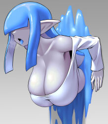 Rule 34 | 1girl, blue hair, blunt bangs, breasts, breath, cleavage, collarbone, colored skin, colored tongue, dress, female focus, hair over eyes, highres, huge breasts, ink, inkling, inkling girl, inkling player character, long hair, nintendo, open mouth, pero (pero7762), pointy ears, saliva, solo, splatoon (series), tentacle hair, through wall, tongue, tongue out, upper body, veins, veiny breasts, white dress, white skin