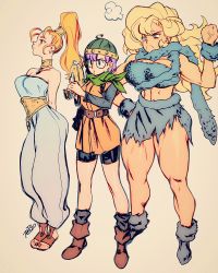 Rule 34 | 3girls, ankle boots, ayla (chrono trigger), bags under eyes, barefoot sandals (jewelry), belt, belt pouch, big hair, bike shorts, blonde hair, boots, breasts, chrono trigger, cleavage, clenched hand, commentary, dress, ear piercing, earrings, energy gun, english commentary, flat chest, friendly mutton chops, frown, full body, glasses, gun, hair tubes, hand on own hip, helmet, high ponytail, highres, holding, holding gun, holding weapon, jewelry, large breasts, long legs, lucca ashtear, marker (medium), marle (chrono trigger), medium breasts, multiple girls, muscular, muscular female, neck ring, neckerchief, orange hair, pendant, perky breasts, piercing, pouch, purple hair, ray gun, robaato, short hair, shorts under dress, tail, tail around head, tan, thick thighs, thighs, toe ring, toes, traditional media, tribal, veins, veiny hands, weapon