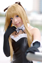 Rule 34 | 1girl, asian, bare shoulders, black gloves, blonde hair, blue eyes, blurry, color contacts, cosplay, depth of field, detached collar, elbow gloves, finger to eye, frills, gloves, hair ribbon, lace, lace-trimmed gloves, lace trim, neon genesis evangelion, outdoors, photo (medium), ribbon, solo, souryuu asuka langley, souryuu asuka langley (cosplay), upper body, zero inch