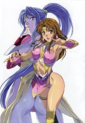 Rule 34 | 2girls, :d, abs, arm ribbon, armor, armpits, ass, back, blue eyes, blue hair, bow, breasts, breasts apart, bridal gauntlets, brown eyes, brown hair, cameltoe, choujin gakuen gowcaizer, circlet, covered erect nipples, crossed legs, earrings, elbow gloves, finger to mouth, fingernails, foreshortening, from behind, g-string, gem, gloves, groin, hair between eyes, hair ornament, high ponytail, highleg, highleg leotard, highleg panties, highres, hip focus, hishizaki shaia (gowcaizer), homare (fool&#039;s art), jewelry, knee pads, large breasts, legs, leotard, lips, lipstick, long fingernails, long hair, looking at viewer, looking back, magical girl, makeup, midriff, multiple girls, nail polish, navel, open mouth, outstretched arm, panties, parted bangs, parted lips, pauldrons, pink lips, pointing, ponytail, red eyes, red leotard, revealing clothes, ribbon, sash, scan, scan artifacts, see-through, shoulder armor, sideboob, sidelocks, simple background, smile, son karin, standing, technos, thigh strap, thighhighs, thighlet, thighs, thong, thong leotard, turtleneck, underwear, very long hair, white background, white panties, yellow bow