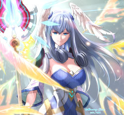 Rule 34 | 1girl, alternate breast size, black pants, blue eyes, braid, breasts, closed mouth, cowboy shot, crown braid, curly hair, dress, gloves, grey hair, head wings, highres, holding, juliet sleeves, large breasts, long hair, long sleeves, looking at viewer, melia antiqua, mercury xeno, o-ring, pants, puffy sleeves, short dress, short sleeves, solo, spoilers, staff, white dress, white gloves, wings, xenoblade chronicles (series), xenoblade chronicles 1, xenoblade chronicles 3