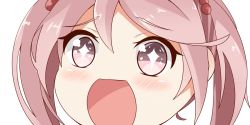 Rule 34 | 10s, 1girl, blush, eyebrows, gradient eyes, hair bobbles, hair ornament, kantai collection, looking at viewer, multicolored eyes, nahaki, open mouth, pink hair, portrait, sazanami (kancolle), simple background, sin-poi, solo, sparkling eyes, twintails, white background