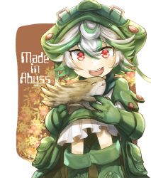 Rule 34 | 1girl, :d, boots, coat, copyright name, creature, gloves, green footwear, green gloves, green hair, green hat, hat, made in abyss, meinya (made in abyss), multicolored hair, open mouth, piko (0 ppqq 0), pouch, prushka, red eyes, signature, sitting, smile, solo, streaked hair, white hair